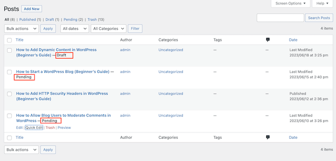 Die standardmäßigen WordPress-Beitragsstatus