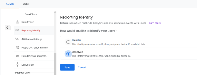 Select observed option in reporting identity