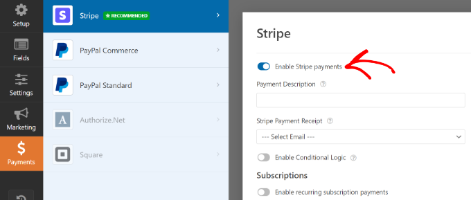在 WPForms 中启用 Stripe 付款