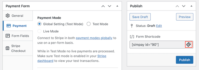 Copying the credit card payment shortcode