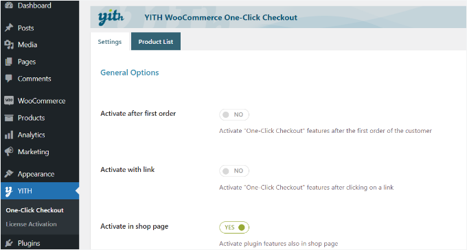 General settings for one click checkout