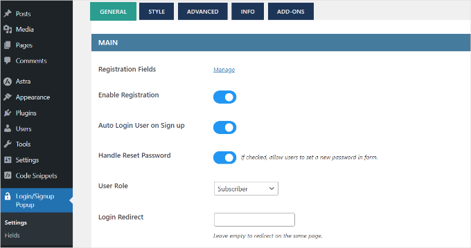 Edit general settings of login popup plugin