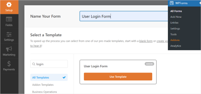 The WPForms user registration addon