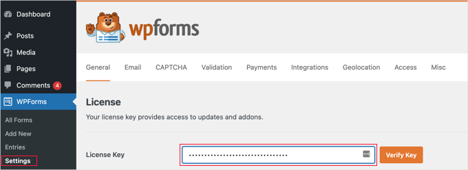 Entering license key