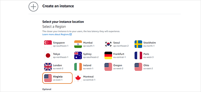 Configure your Lightsail instance by choosing a region