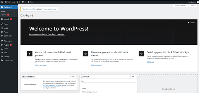 WordPress admin dashboard on AWS VPS 