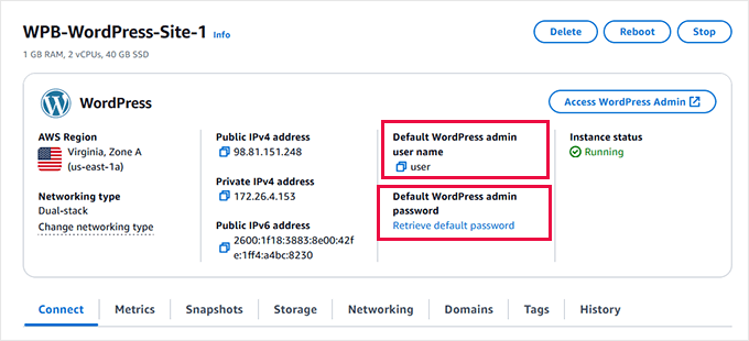 AWS username and password for your WordPress site