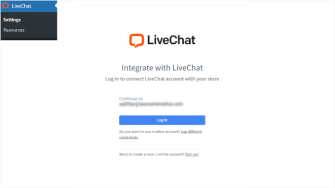 Login to LiveChat in WordPress