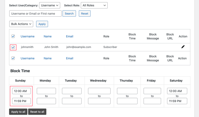 User Blocker Day and Time Settings