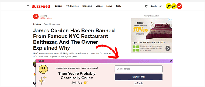 BuzzFeed email optin popup example