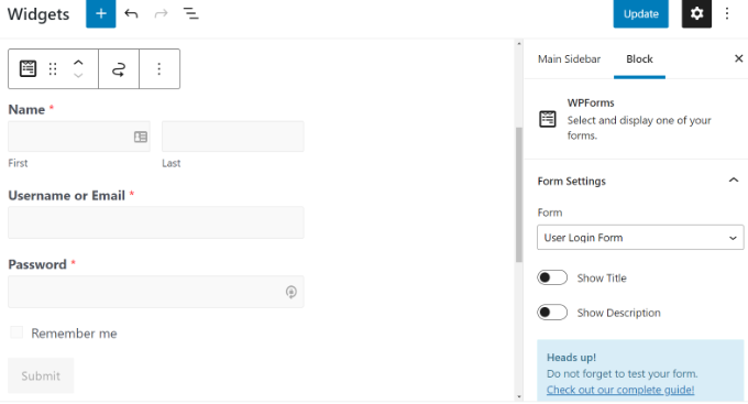 Edit form settings and update