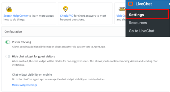 LiveChat settings
