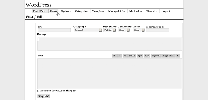 Post editor in the first release of WordPress security history