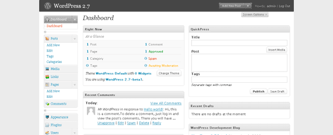 WordPress 2.7 Dashboard