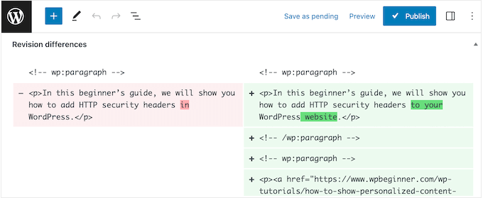 Viewing revision differences in WordPress