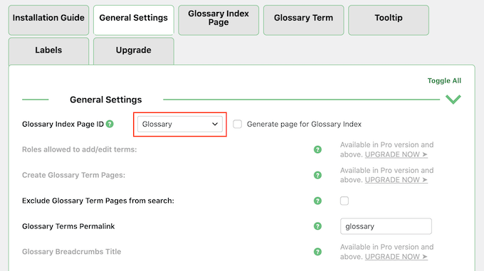 Configuring the WordPress glossary