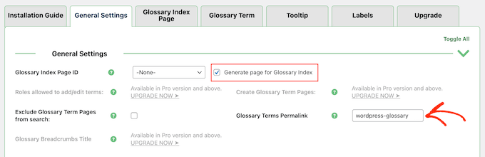 Creating a custom permalink for a glossary term