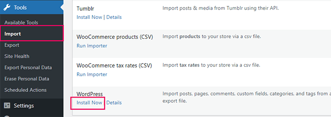 Install WordPress importer