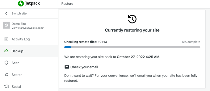 Jetpack Backup 目前正在恢复您的站点