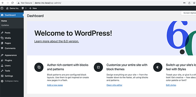 本地安装的 WordPress 仪表板