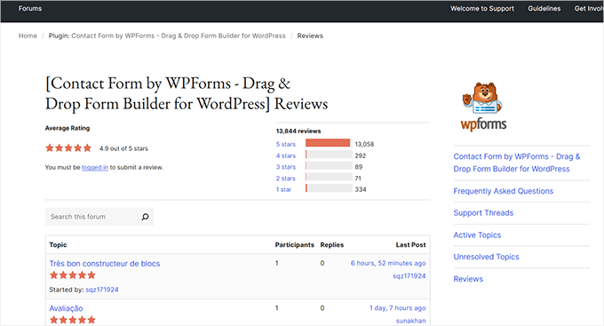 WordPress plugin reviews page