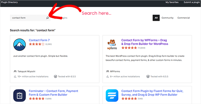 WordPress plugins search results