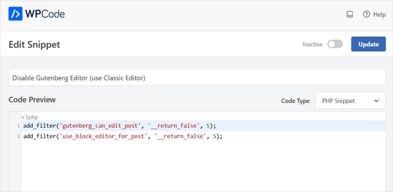 WPCode Disable Gutenberg (use Classic Editor) snippet