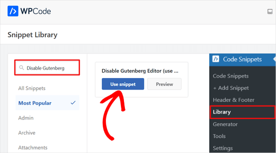 Search for the Disable Gutenberg snippet in WPCode library