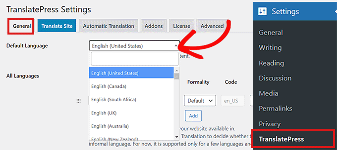 Choose a default language in TranslatePress