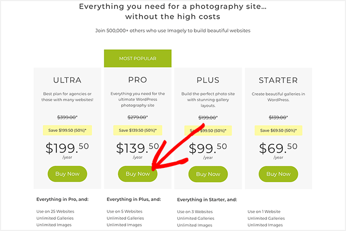 Imagely plans and pricing page