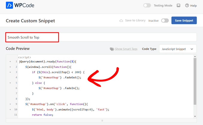 Enter a jQuery/JavaScript snippet into WPCode