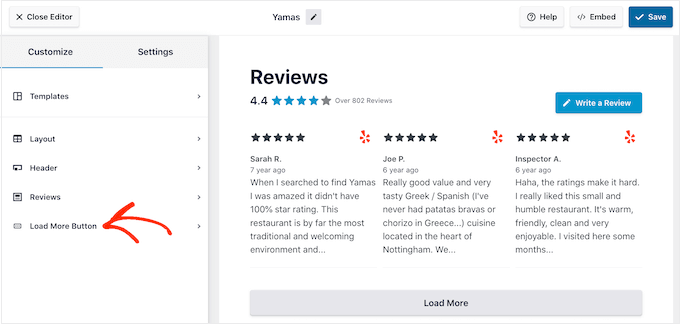 Customizing the 'Load More' button in a WordPress review feed