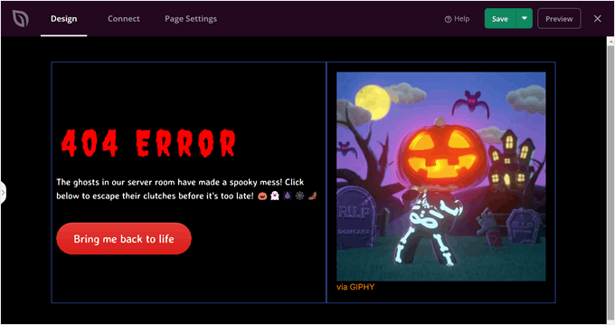 Custom Halloween themed 404 page made with SeedProd