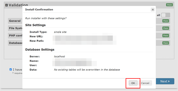 Confirming to restore the backup files with Duplicator