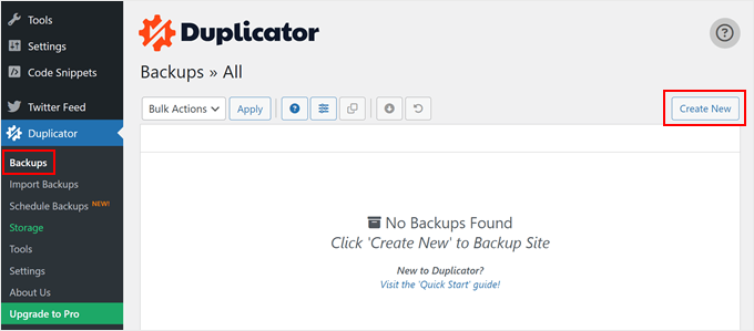 Creating a new backup with Duplicator