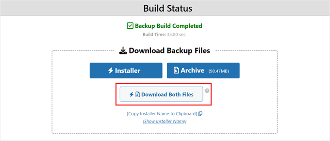 Downloading the Duplicator archive file and installer