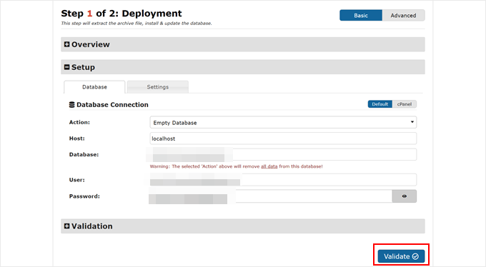 Validating the website setup for the Duplicator clone