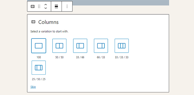 Adding a columns block in WordPress