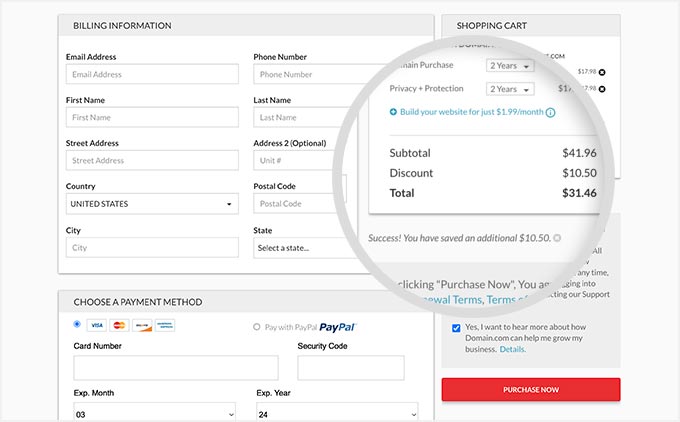 The discount for Domain.com is applied.