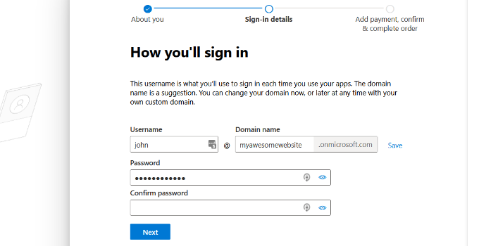 Enter password and domain name