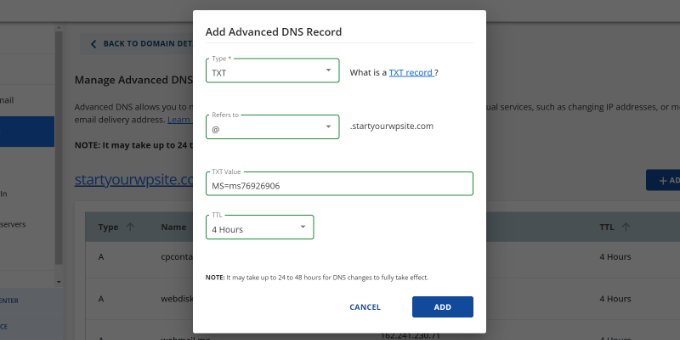 Enter txt record details