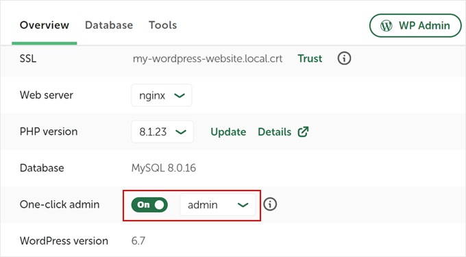 Enabling one-click admin login with Local WP