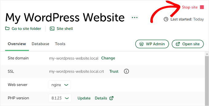 Stopping the local WordPress site with Local WP