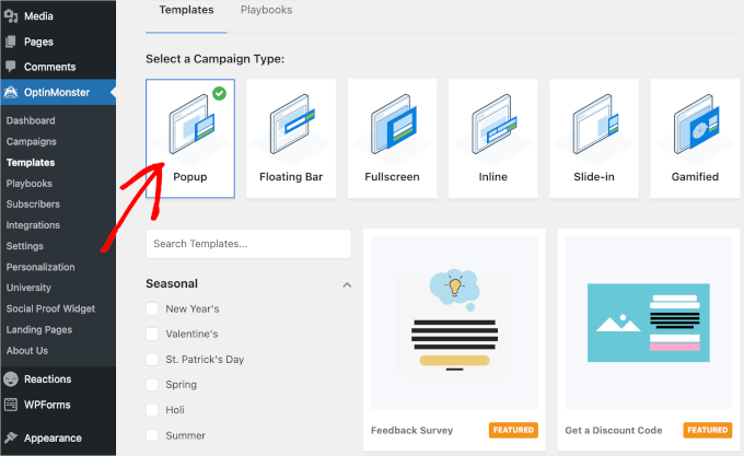 Choosing OptinMonster's Popup campaign type