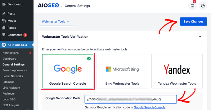 Webmaster tools in AIOSEO