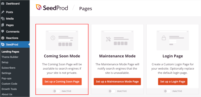 Selecting the coming soon landing page type