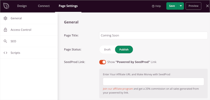 Changing the landing page's status to Publish in SeedProd