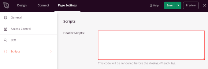 The Header Scripts field to add custom scripts in SeedProd's landing page