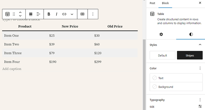 Table block example