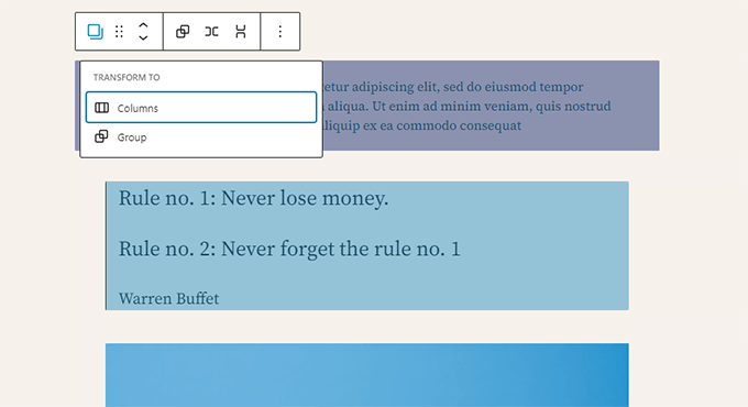 Transform blocks in Groups or Columns